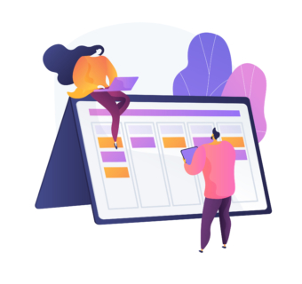 Scheduling. Forming and filling timetable. Digital calendar. Time management, arranging, controlling. Optimizing, effective plans organization. Vector isolated concept metaphor illustration